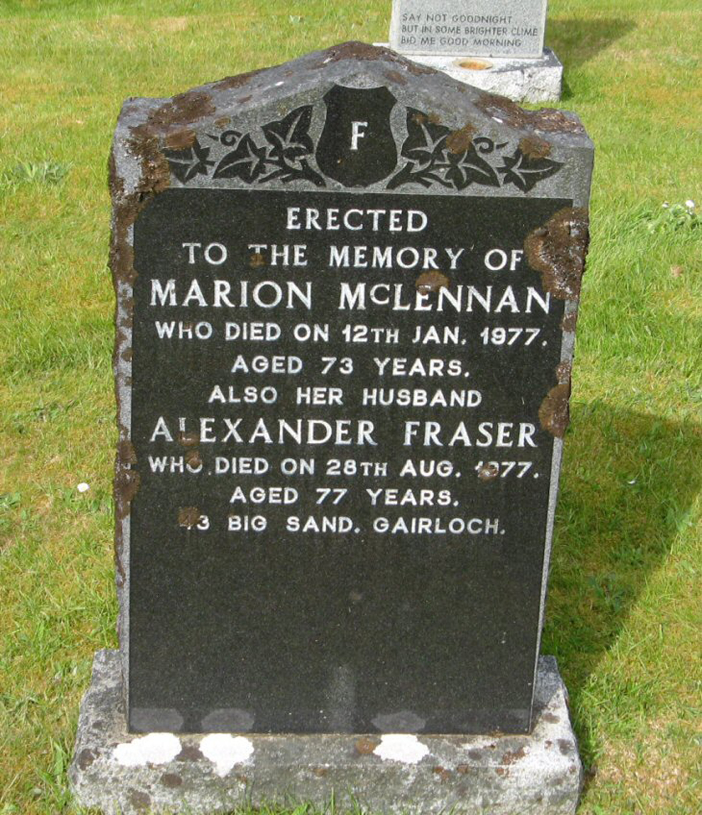 Photo of headstones/Marion McLennan died 1977 MI Gairloch New